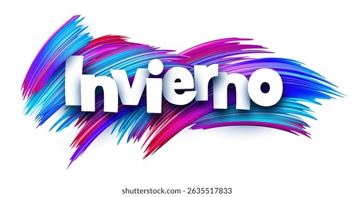Spanish word meaning winter in bold white letters over vibrant cool-toned multicolor vector brush strokes
