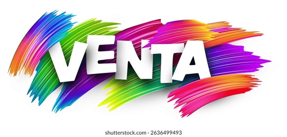 Spanish word for sale in bold white letters over bright brush strokes. Vector illustration.