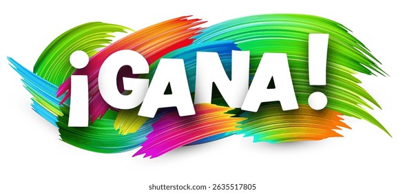 The Spanish word for Win appears in bold white text over vibrant multicolored paint strokes. Vector illustration.