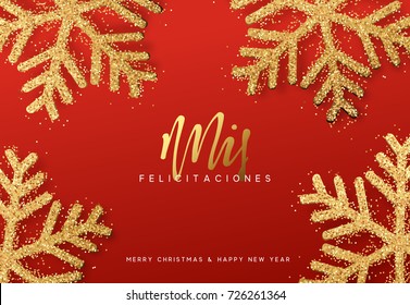 Spanish Xmas letterings, Mis felicitaciones y Feliz Navidad. Christmas background with realistic bright snowflakes