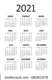 Calendario anual español 2021. La semana comienza el lunes. Ilustración del vector