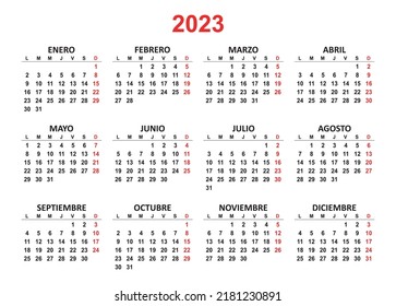 Spanish Yearly calendar. 2023 mockup. Annual horizontal template. First day lunes monday. Classic simple minimal design. Black numbers on white background.