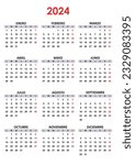 Spanish Yearly calendar. 2024 mockup. Annual Vertical template. First day lunes monday. Classic simple minimal design. Black numbers on white background.