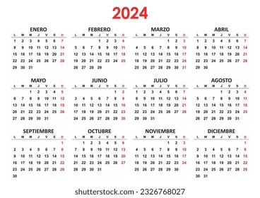 Spanish Yearly calendar. 2024 mockup. Annual horizontal template. First day lunes monday. Classic simple minimal design. Black numbers on white background. EPS10.