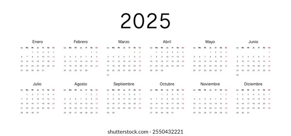 Spanish Yearly calendar. 2025 mockup. Annual horizontal template. First day lunes monday. Classic simple minimal design. Black numbers on white background. Vector 10 eps.