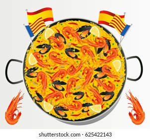 Spanish yellow rice with green and red pepper, lemon, chicken, mussels, peas, prawns, Spanish and Valencia flag