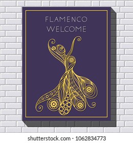 Spanish young girl in a dress dancing flamenco. Suitable for invitation, flyer, sticker, poster, banner, card, label, cover, web. Vector illustration.