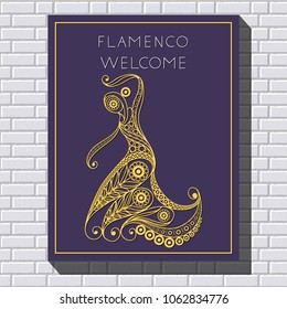 Spanish young girl in a dress dancing flamenco. Suitable for invitation, flyer, sticker, poster, banner, card, label, cover, web. Vector illustration.