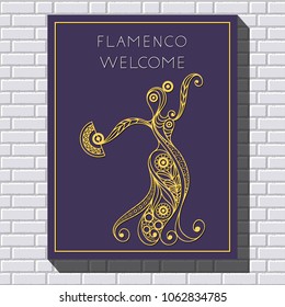Spanish young girl in a dress dancing flamenco. Suitable for invitation, flyer, sticker, poster, banner, card, label, cover, web. Vector illustration.