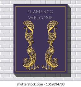 Spanish young girl in a dress dancing flamenco. Suitable for invitation, flyer, sticker, poster, banner, card, label, cover, web. Vector illustration.