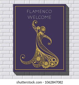 Spanish young girl in a dress dancing flamenco. Suitable for invitation, flyer, sticker, poster, banner, card, label, cover, web. Vector illustration.