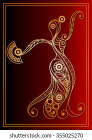 Spanish young girl in a dress dancing flamenco. Suitable for invitation, flyer, sticker, poster, banner, card,label, cover, web. Vector illustration.