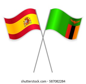 Spanish and Zambian crossed flags. Spain combined with Zambia isolated on white. Language learning, international business or travel concept.