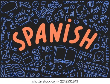 Spanish.Language hand drawn doodles and lettering. Translation: "Present, Spanish, hello, language, Future, a lot, for, verbs"