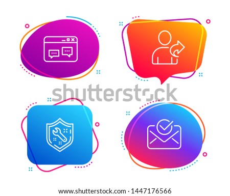 Spanner, Browser window and Refer friend icons simple set. Approved mail sign. Repair service, Website chat, Share. Confirmed document. Technology set. Speech bubble spanner icon. Vector