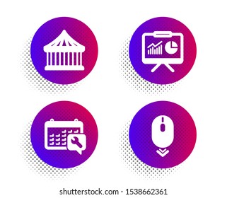 Spanner, Carousels and Presentation icons simple set. Halftone dots button. Scroll down sign. Repair service, Attraction park, Board with charts. Mouse swipe. Business set. Vector