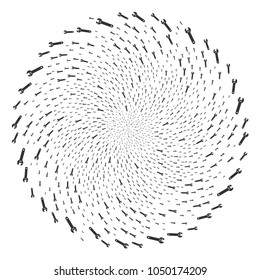 Spanner centrifugal stream. Object cyclone organized from random spanner items. Vector illustration style is flat iconic symbols.