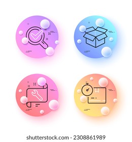 Spanner, Chemistry lab and Cardboard box minimal line icons. 3d spheres or balls buttons. Open box icons. For web, application, printing. Repair service, Lab research, Warehouse inventory. Vector