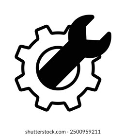 Schraubenschlüssel mit Zahnrad zeigt Konzept-Symbol der technischen Einstellungen