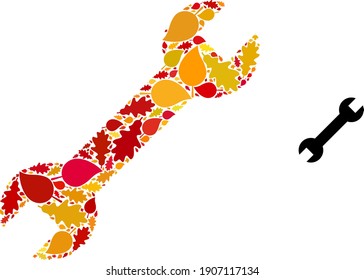 Spanner collage icon constructed for fall season. Vector spanner mosaic is constructed with scattered autumn maple and oak leaves. Mosaic autumn leaves in bright gold, brown and red colors.