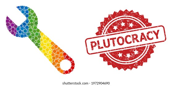 Spanner collage icon of round blots in different sizes and LGBT colored color hues, and Plutocracy unclean rosette seal imitation. A dotted LGBT-colored Spanner for lesbians, gays, transgenders,