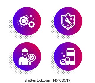 Spanner, Engineer and Gears icons simple set. Halftone dots button. Medical drugs sign. Repair service, Worker with cogwheel, Work process. Medicine bottle. Business set. Vector