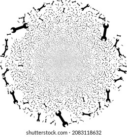 Spanner exploding spheric cluster. Object pattern constructed from random spanner symbols as fireworks spheric cluster. Abstraction spheric cluster mosaic organized from spanner symbols.