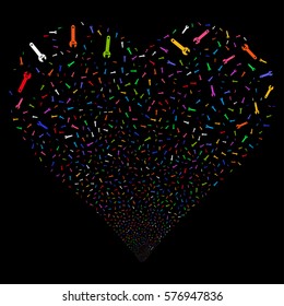 Spanner fireworks with heart shape. Vector illustration style is flat bright multicolored iconic symbols on a black background. Object valentine heart constructed from scattered pictographs.