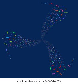 Spanner fireworks swirl rotation. Vector illustration style is flat bright multicolored iconic symbols on a blue background. Object twirl created from random symbols.