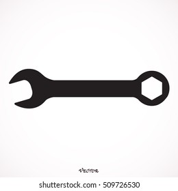 Spanner. Flat Icon. Vector illustration grey symbol on white background with gold ribbon