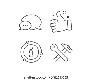 Spanner and hammer line icon. Chat bubble, info sign elements. Repair service sign. Fix instruments symbol. Linear spanner tool outline icon. Information bubble. Vector