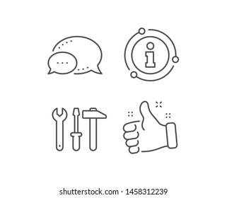 Spanner, hammer and screwdriver line icon. Chat bubble, info sign elements. Repair service sign. Fix instruments symbol. Linear spanner tool outline icon. Information bubble. Vector