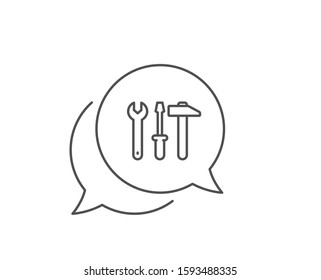 Spanner, hammer and screwdriver line icon. Chat bubble design. Repair service sign. Fix instruments symbol. Outline concept. Thin line spanner tool icon. Vector