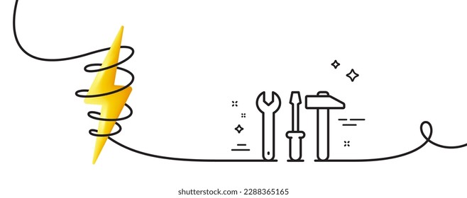 Spanner, hammer and screwdriver line icon. Continuous one line with curl. Repair service sign. Fix instruments symbol. Spanner tool single outline ribbon. Loop curve with energy. Vector