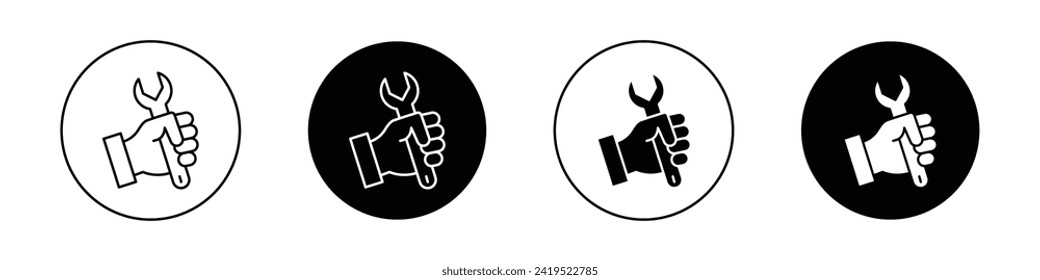 Spanner in hand icon set. Machanic Wrench nut fitter in a black filled and outlined style. Workshop employee holding wrench sign.