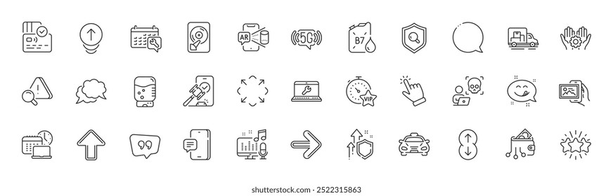 Iconos de línea de llave, disco duro y atención. Paquete de temporizador Vip, burbuja de voz, icono wifi 5g. Mano de empleado, cartucho diesel, siguiente pictograma. Reparación de portátiles, Desplazarse hacia abajo, Refrigerador de agua. Iconos de línea. Vector