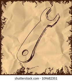 Spanner icon isolated on vintage background. Hand drawing sketch vector illustration