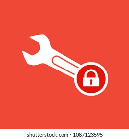 Spanner icon with padlock sign. Spanner icon and security, protection, privacy symbol. Vector illustration
