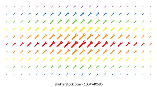 Spanner icon rainbow colored halftone pattern. Vector spanner items are organized into halftone array with vertical spectrum gradient. Designed for backgrounds, covers,