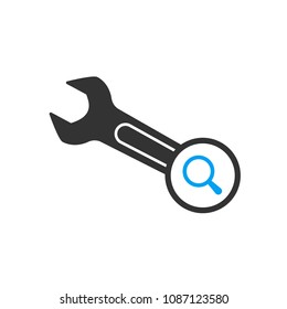 Spanner icon with research sign. Spanner icon and explore, find, inspect symbol. Vector illustration