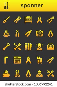 spanner icon set. 26 filled spanner icons.  Collection Of - Screwdriver, Pliers, Repairing, Plier, Worker, Wrench, Tools, Toolbox, Allen keys, Repair, Tool