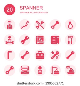 spanner icon set. Collection of 20 filled spanner icons included Worker, Ratchet, Tools, Wrench, Tool, Maintenance, Draft, Allen keys, Toolbox