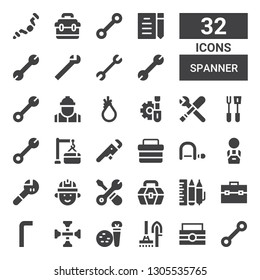 spanner icon set. Collection of 32 filled spanner icons included Wrench, Toolbox, Tools, Cross wrench, Allen keys, Design tool, Engineering, Worker, Hacksaw, Maintenance, Screwdriver