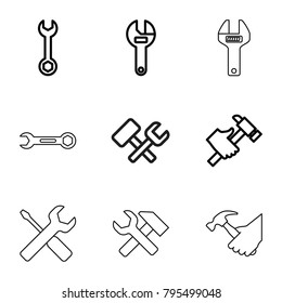 Spanner icons. set of 9 editable outline spanner icons such as wrench, hummer