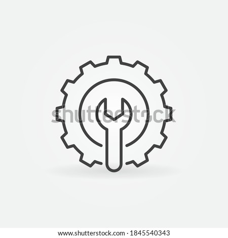Spanner inside Gear linear icon. Setup or Settings vector concept sign or logo element