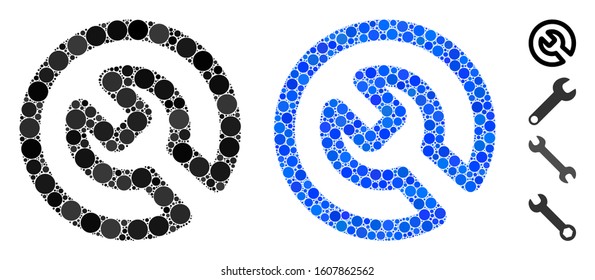 Spanner install composition of round dots in variable sizes and color tones, based on spanner install icon. Vector round dots are united into blue collage.