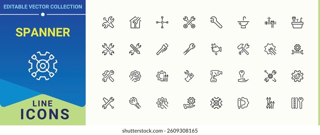 Spanner linear icon collection. Containing equipment, technical, setting, construction, tools, mechanical and more. Wrench icon set. Thin linear style icons. Pixel perfect. Editable stroke.