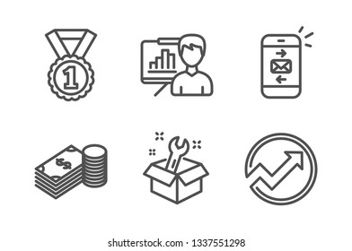 Spanner, Mail and Savings icons simple set. Presentation board, Best rank and Audit signs. Repair service, Smartphone communication. Business set. Line spanner icon. Editable stroke. Vector