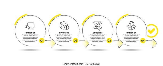 Spanner, Megaphone and Last minute line icons set. Timeline process infograph. Delivery service sign. Repair service, Brand message, Buying timer. International parcel. Technology set. Vector