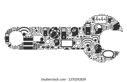 Spanner mosaic icon organized for bigdata and computing illustrations. Vector spanner mosaics are organized from computer, calculator, connections, wi-fi, network,